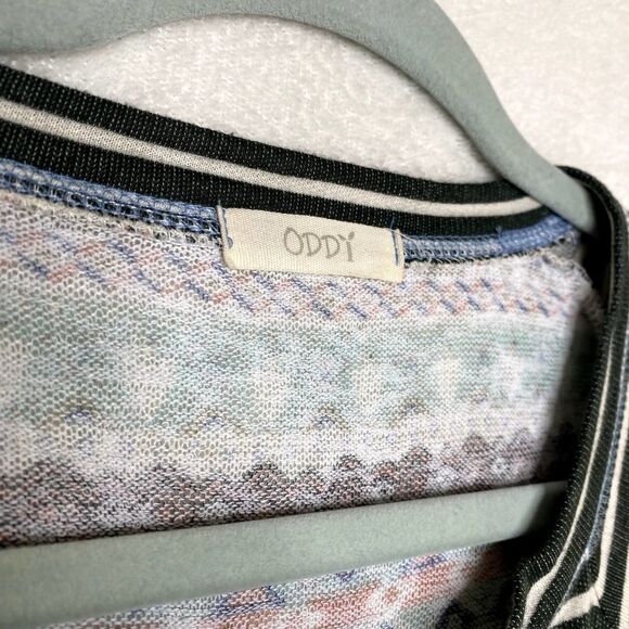 Oddy Striped Long Raglan Sleeve Sweater Top Pullover Geometric Green White - Picture 3 of 11